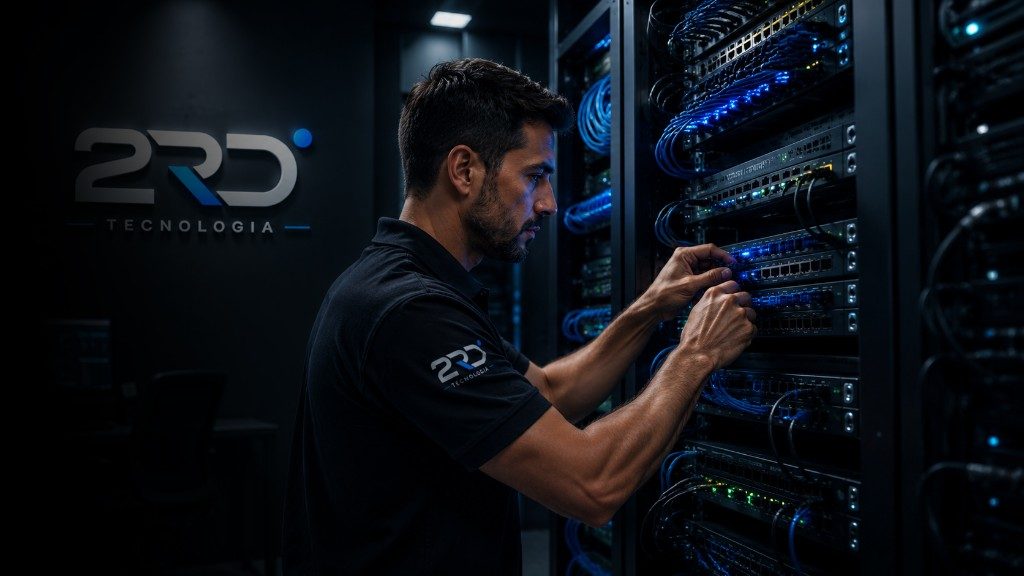 Técnico da 2RD atuando em rack empresarial com switches, servidores e cabeamento organizado