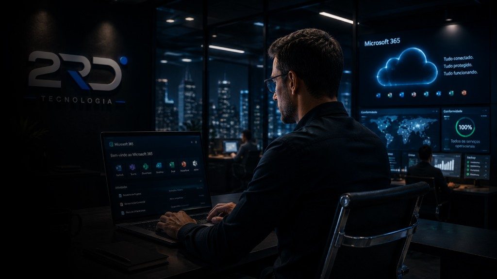 Centro de monitoramento da 2RD com dashboards operacionais e vista da cidade à noite
